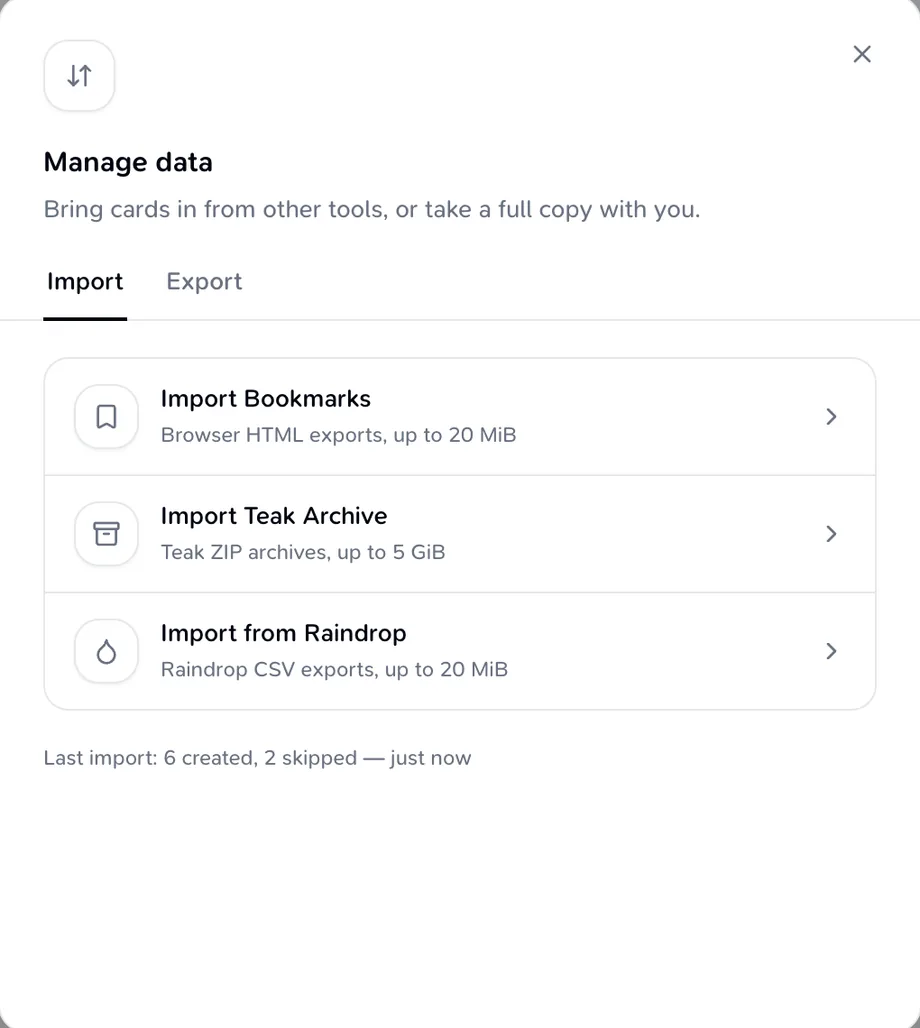 Teak import dialog after a bookmarks import with 6 cards created and 2 skipped