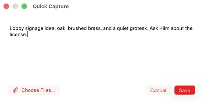 Teak Quick Capture panel on Mac with a note about lobby signage