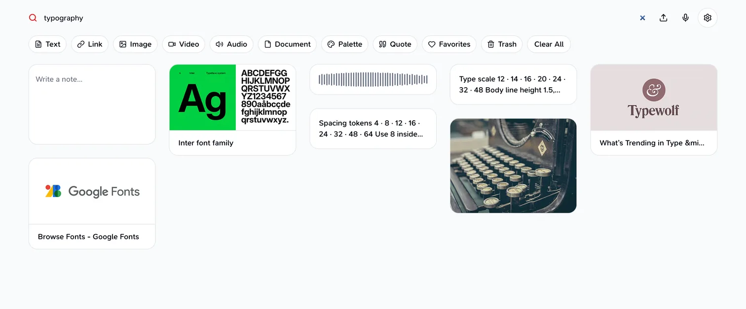 Teak search for typography showing a font site, type notes, and a typewriter photo