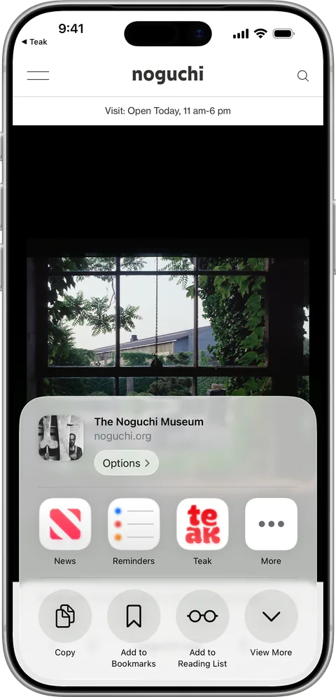 Teak in the iPhone share sheet while saving a museum page from Safari